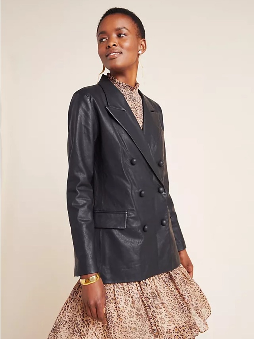 Anthropologie Black Double-Breasted Faux Leather Blazer